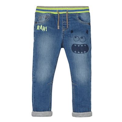 Boys' blue jersey lined monster print jeans